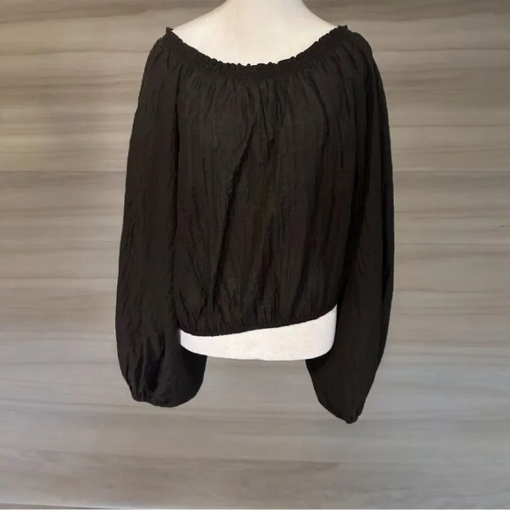 Free People Blouse Black S Womens Off Shoulder Balloon Sleeve Tie Back Oversized